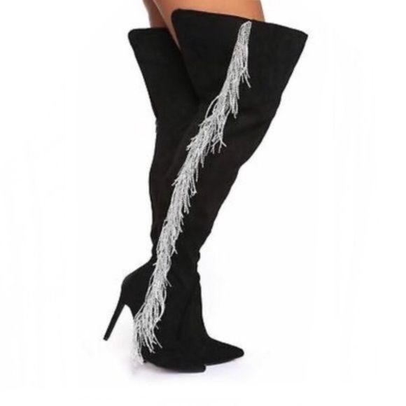 Shoes - Pointy Toe OTK Boots w/ Rhinestone Fringe in Black